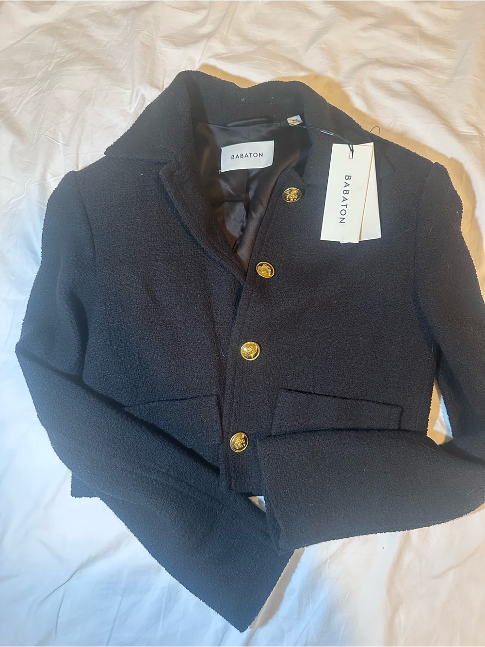 Aritzia Babaton Black Bouclé Blazer with Gold Buttons